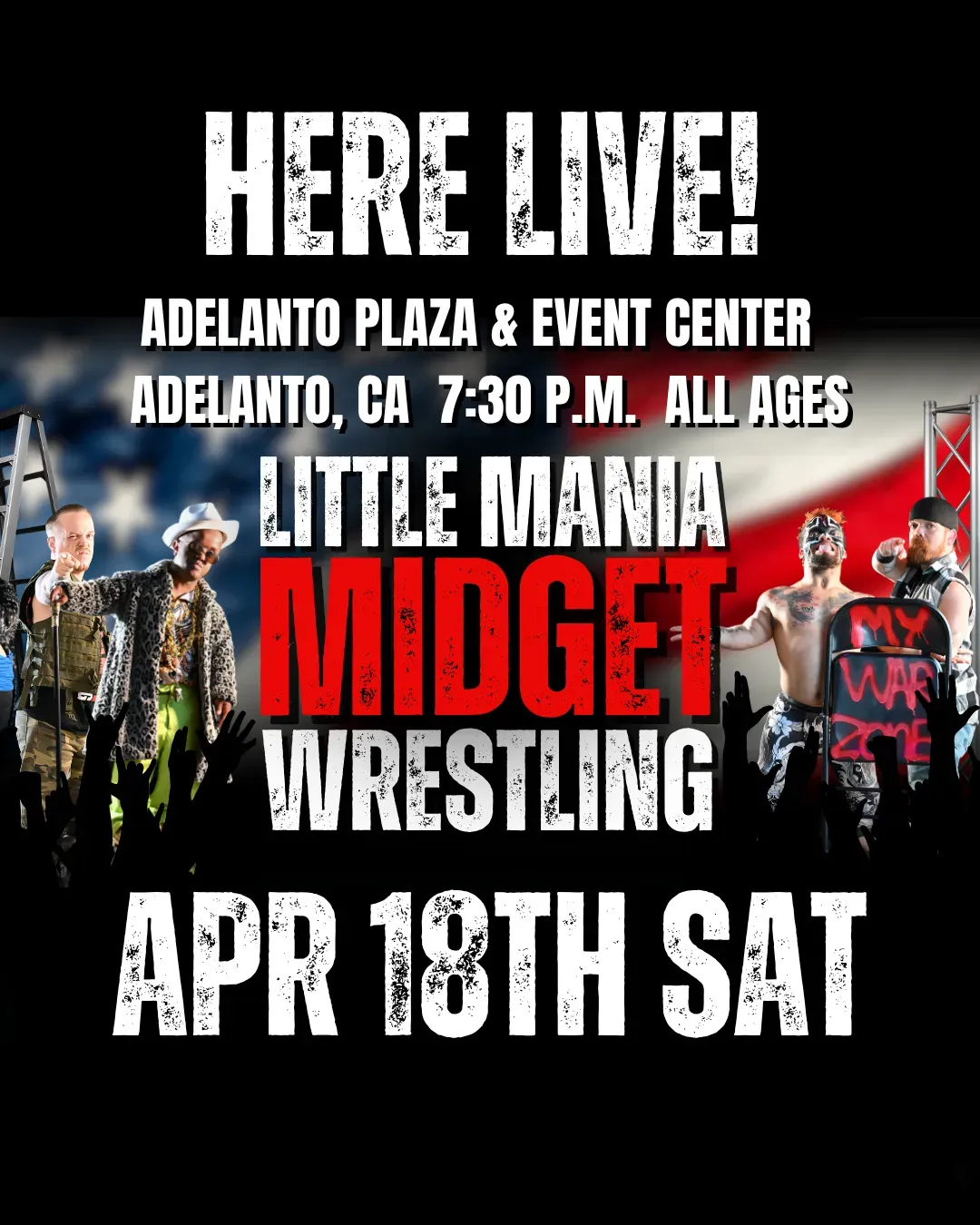 Little Mania Midget Wrestling – Adelanto, CA– Apr 18, 2026 – Buy Now flyer