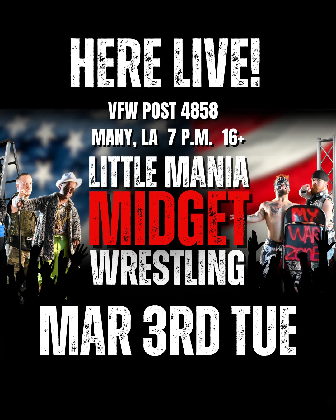 Little Mania Midget Wrestling – Many, LA – Mar 3, 2026 – Buy Now flyer