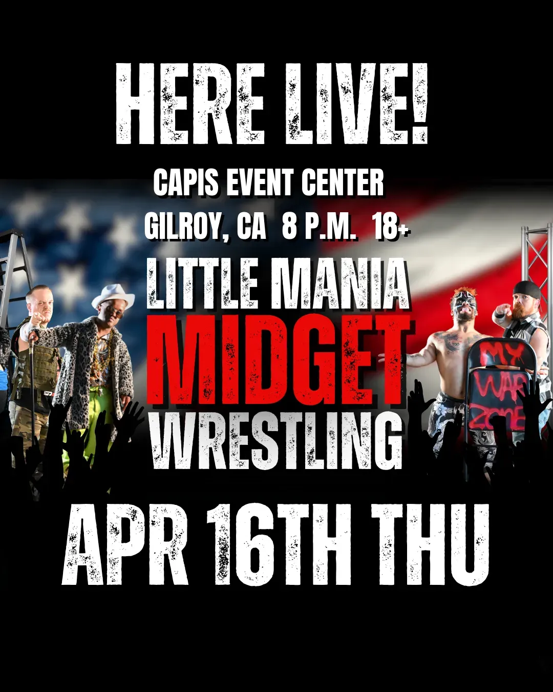 Little Mania Midget Wrestling – Gilroy, CA– Apr 16, 2026 – Buy Now flyer