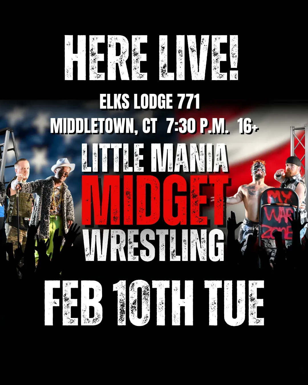 Little Mania Midget Wrestling – Middletown, CT – Feb 10, 2026 – Buy Now flyer
